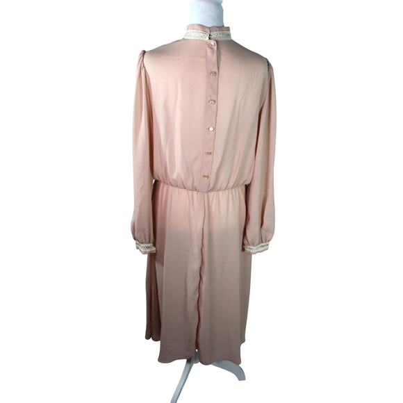 Vintage 80s Prairie Style Core Dress Coral Pink Lantern Sleeve Mock Collar - Picture 3 of 15